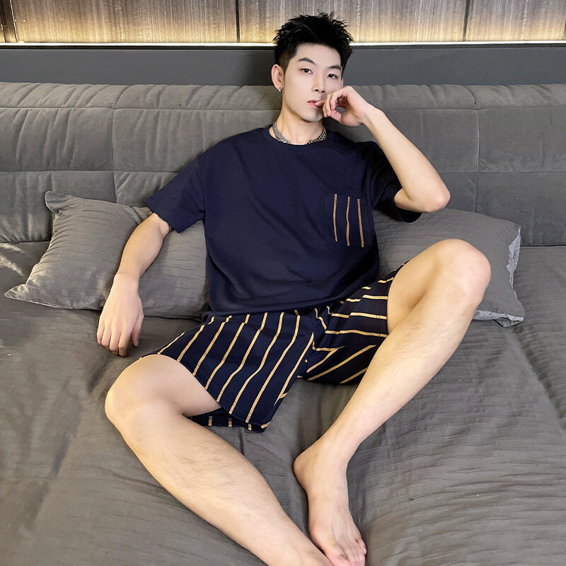 New Summer Fashion Men's Sleepwear Soft Cotton Pajamas Set for Gentleman Round Collar Casual Loungewear for Young Man Pjs