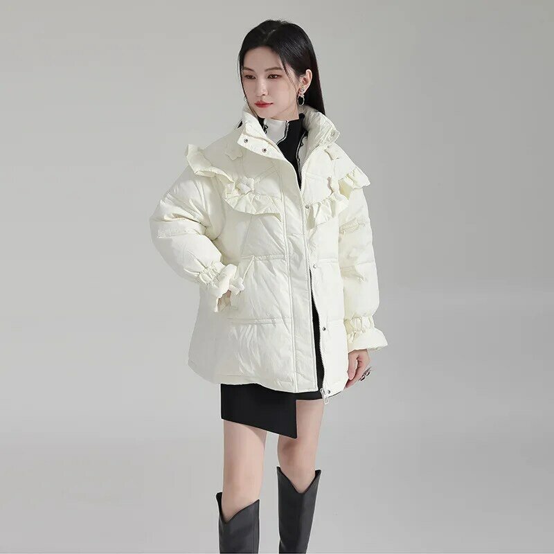 Jaket tepi telinga kayu wanita musim dingin kerah berdiri desain bunga jaket bulu angsa pendek