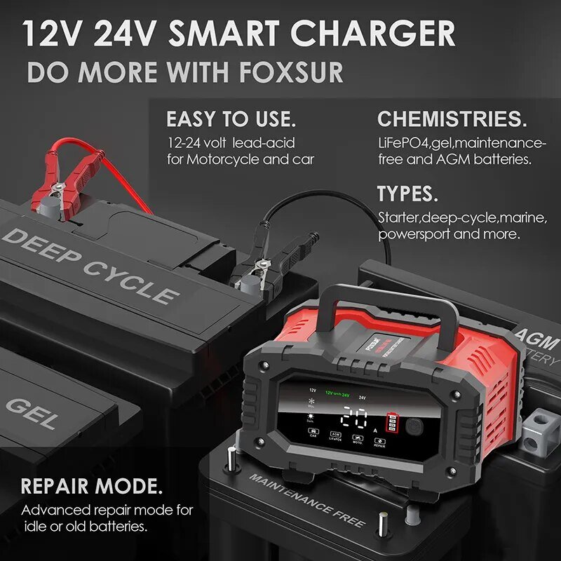 Cargador de batería inteligente para motocicleta y coche, accesorio de 20a/10A, 12V/24V, GEL de litio AGM, plomo-ácido, LiFePO4