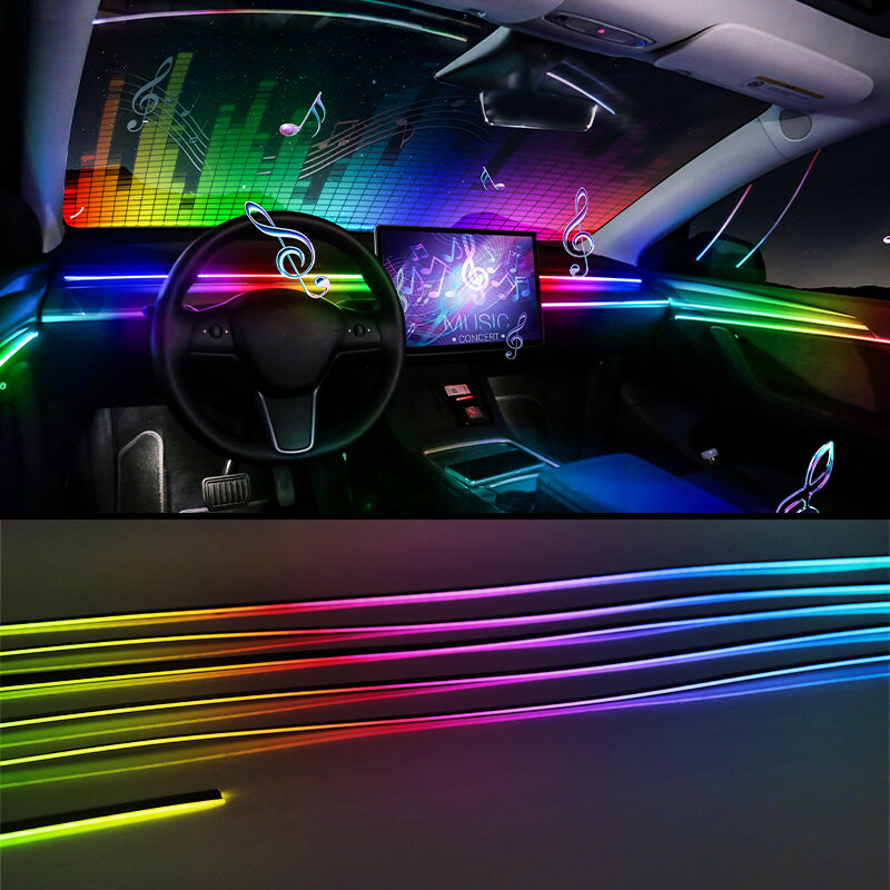 Luces de Ambiente de coche 18 en 1, Serpentina a todo Color, RGB, 64 colores, LED Universal, Interior, tira acrílica oculta, lámpara de atmósfera sinfónica