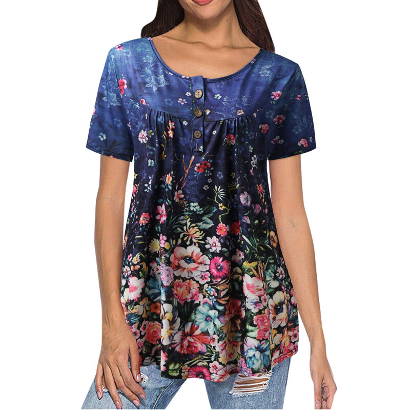 Plus Size Short Sleeve Shirts Blouses For Women Summer Vintage Flower Print Tops Casual Loose Buttons Pullover Female Shirts
