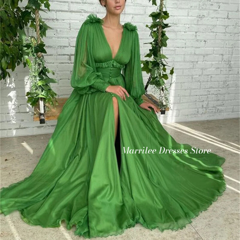Marrilee Green Puffy Sleeve Plissee Chiffon Abendkleid mit Knopf sexy tiefe V-Ausschnitt Seite geteilt A-Linie boden lange Ballkleider