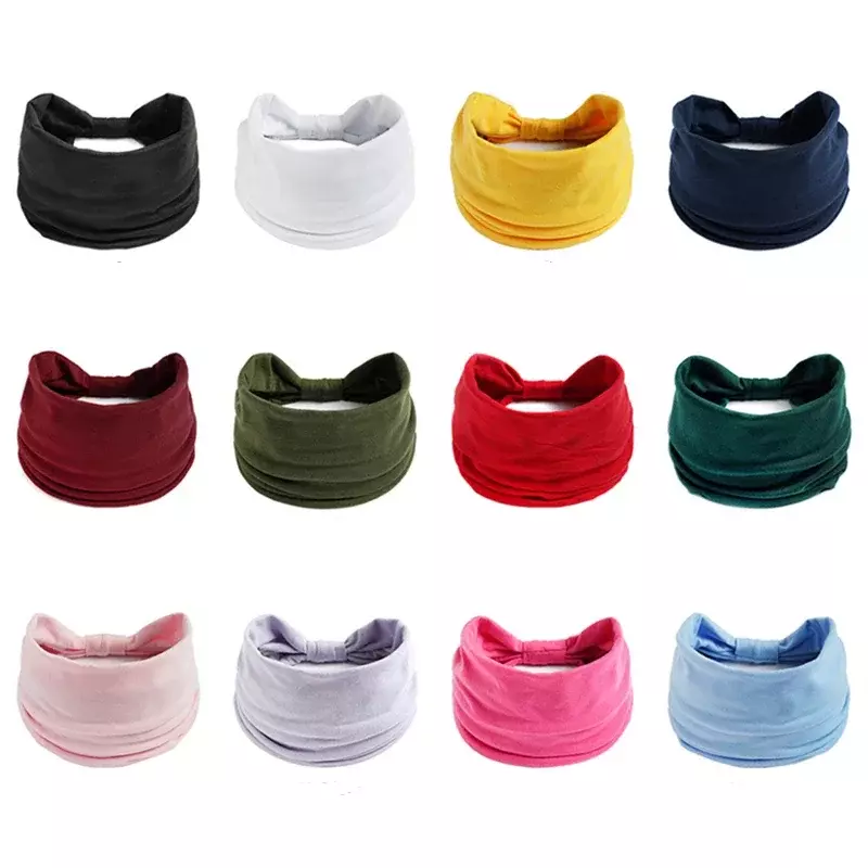 New Boho Solid Color Wide Headbands Vintage Knot Elastic Turban Headwrap for Women Girls Cotton Soft Bandana Hair Accessories