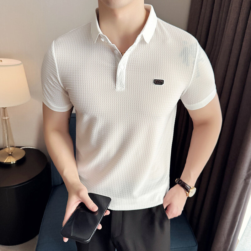 Camiseta polo de alta elasticidade masculina, seda gelo, manga curta, slim fit, camiseta casual, roupa de luxo coreana, verão