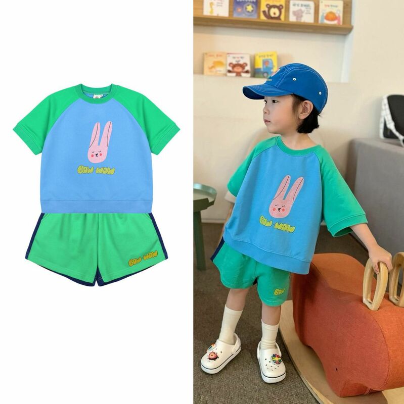 2024 S/s Zomer Jm Kinderkleding Jongens Meisjes Schattige Konijn Blauwgroene T-Shirt Met Korte Mouwen En Korte Broek Set