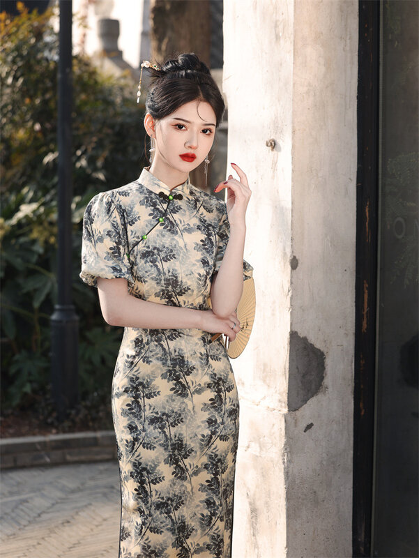 New Spring/Summer Bubble Sleeves Double layered Silk like Printed Mid length Qipao High end Exquisite Slim Fit Cheongsam