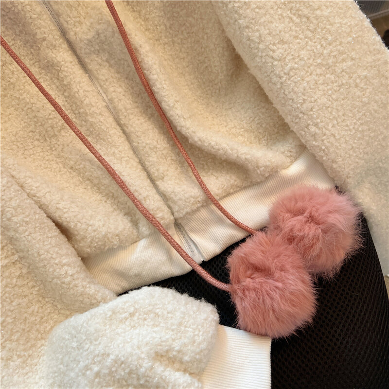 Veste à capuche courte en laine d'agneau pour femme, manches longues, style japonais, oreilles de lapin, optique, document solide, Kawaii, 03/Vestes