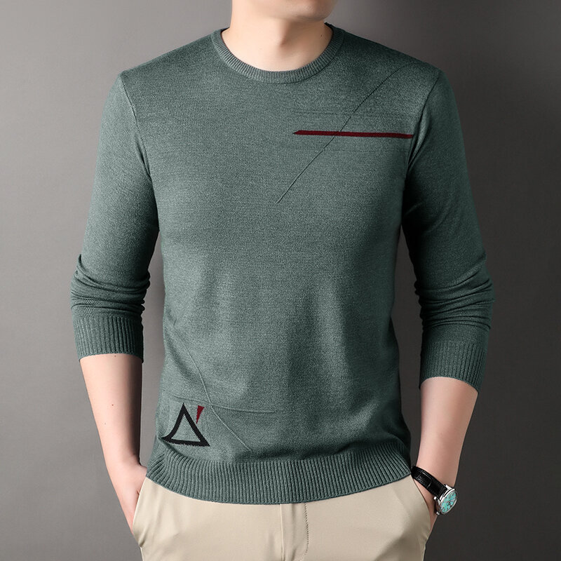 Sweater lengan panjang pria, Sweater harian nyaman leher bulat segitiga rajut warna polos ramping 2023