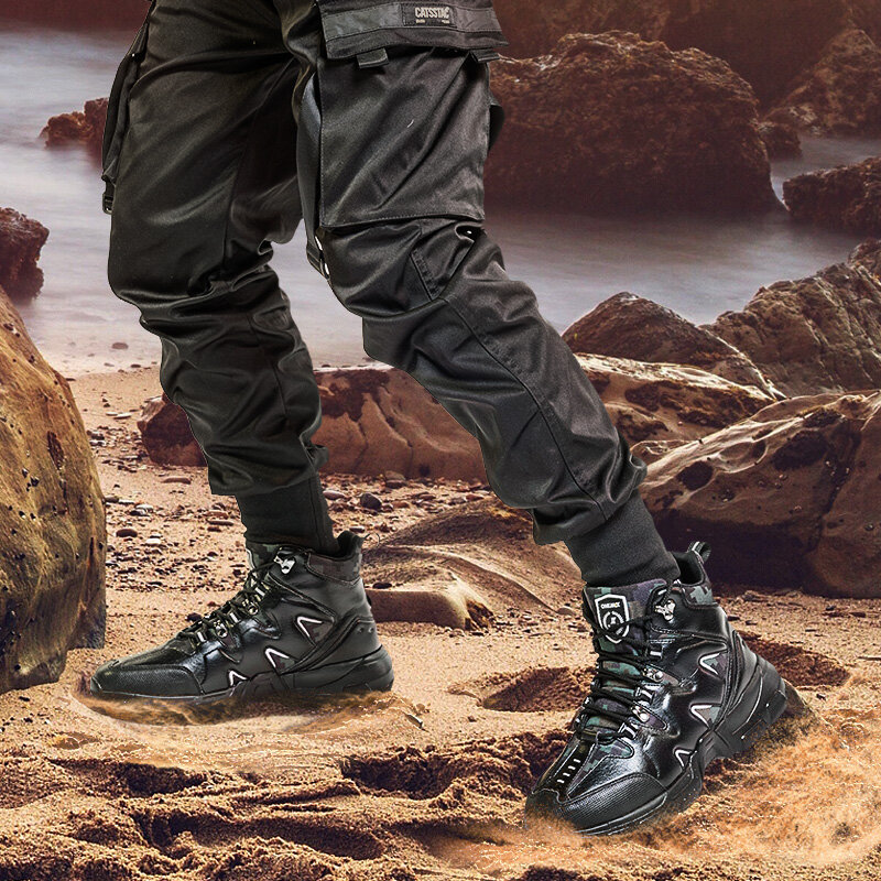 Shoes-sapatos de caminhada masculinos de couro, botas militares táticas, item leve, à prova top, com cano alto, ideal para escalada, pesca e trilha