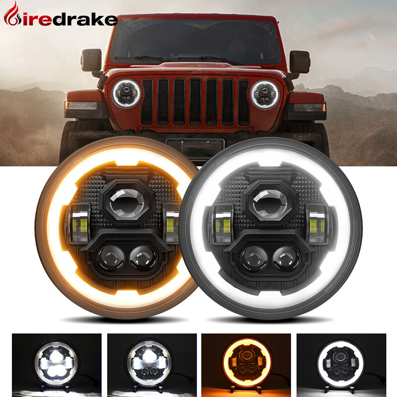 Farol de LED Firedrake-Round para Wrangler Jeep, farol off-road, engrenagem redonda, Angel Eye, H1, H4, H4, 200W, 6000K, 3500K, 30000LM, 24V, 7 em