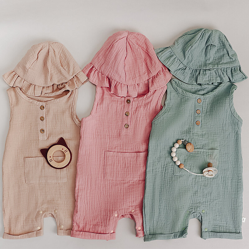 Modama Jumpsuit Musim Panas Bayi Balita Pakaian Bayi Katun Lembut Tanpa Lengan Set 2 Potong Set Topi Romper Bayi untuk Bayi Baru Lahir