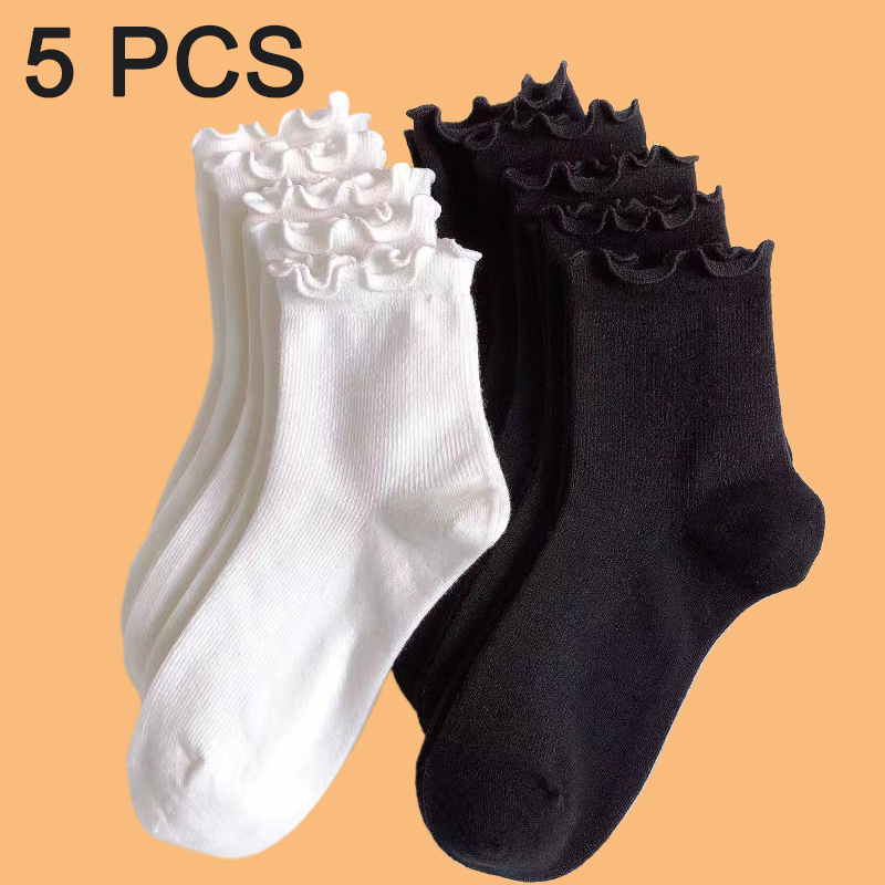 Ruffle Frilly meias para mulheres, Novidade engraçado tornozelo meias, algodão sólido, respirável tripulação meia, preto e branco, bonito moda, 5 pares