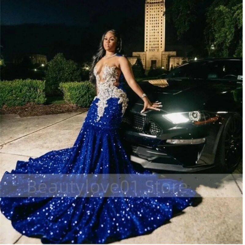 Vestido de noite com miçangas de cristal, vestido de formatura Jewel Neck lantejoulas, sereia brilhante, apliques de renda, azul royal, 2022