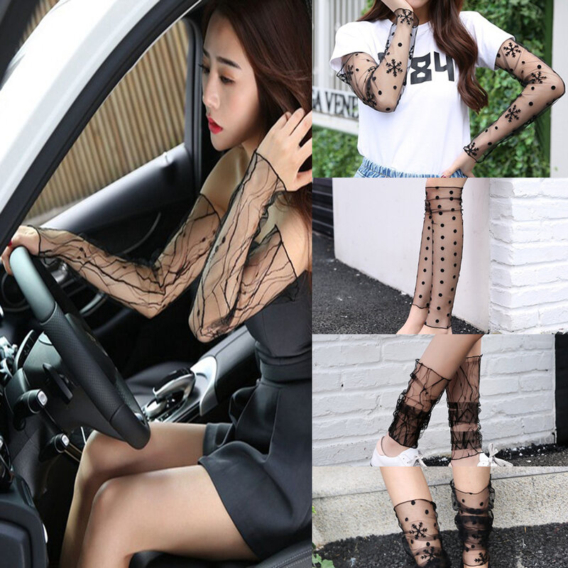 Black Lace Mesh Sleeves Long Sun Protection Thin Arm Sleeves Dotted Star Pattern Gloves For Women Wedding Dress Accessories