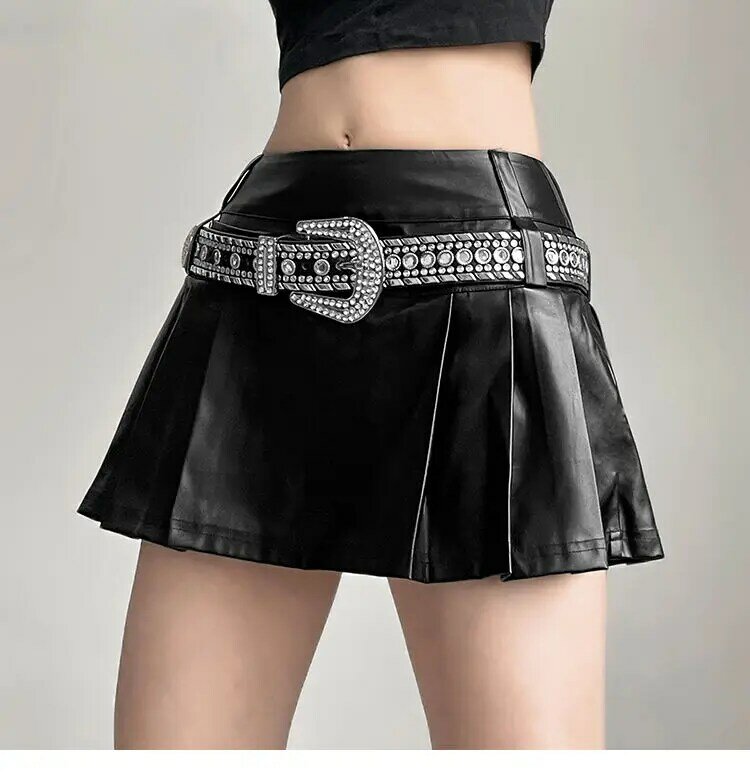 Pleated Skirt High Waist Hot Girl Pleated Pu Skirt Punk Women Streetwear Pleated Harajuku  Rave Female Short Skirt