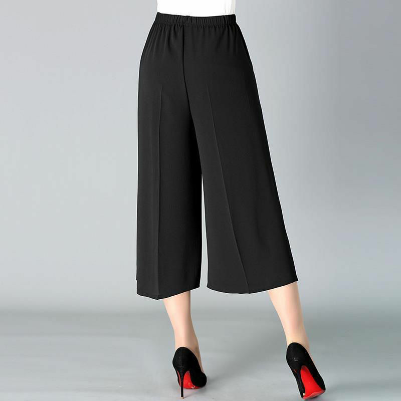 Korean Ladies Solid High Waist Straight Summer Comfortable Black Elastic Wide Leg Calf-Length Pants Casual Women's Clothing