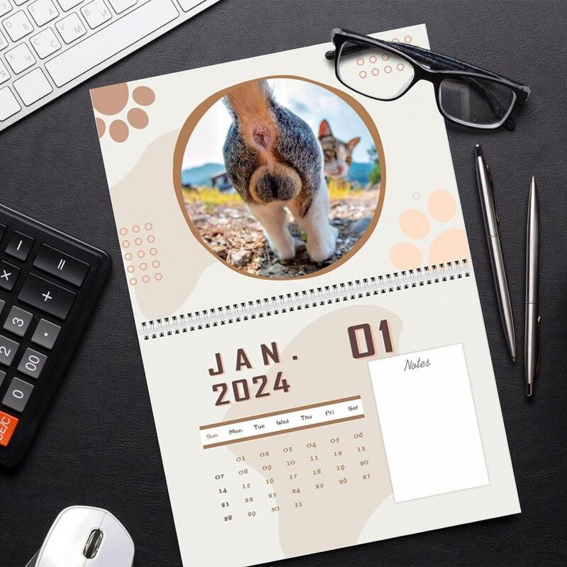 Calendario de pared con diseño de gatos divertidos, calendario de escritorio de gran tamaño, regalos de mordaza, 12 meses, 2024