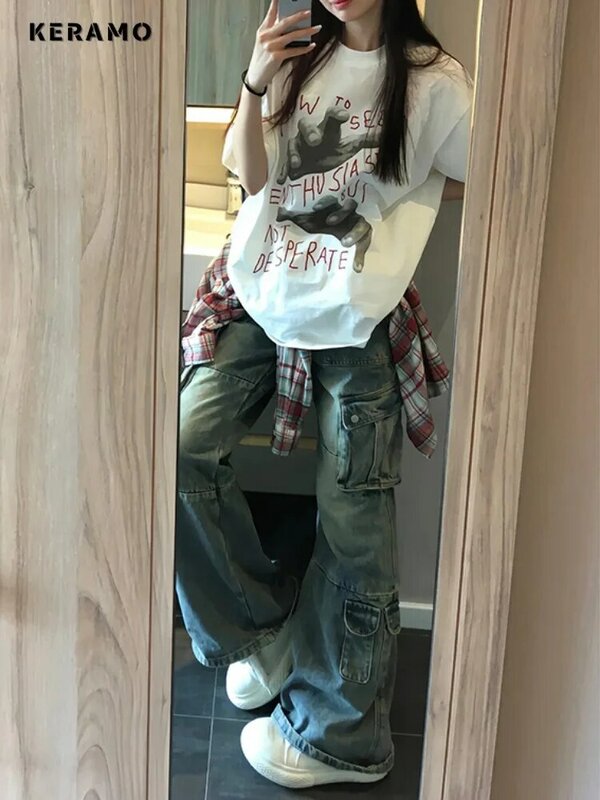 Celana Denim longgar wanita, Jeans Harajuku kasual kaki lebar Retro pinggang tinggi longgar 2024 musim panas Solid dicuci 2000s Jepang