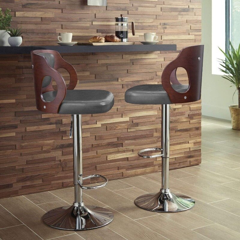 Modern Leather Bar Stools com encosto e vinil assento, extremamente confortável Bar Stool, altura ajustável, noz, 1 pc