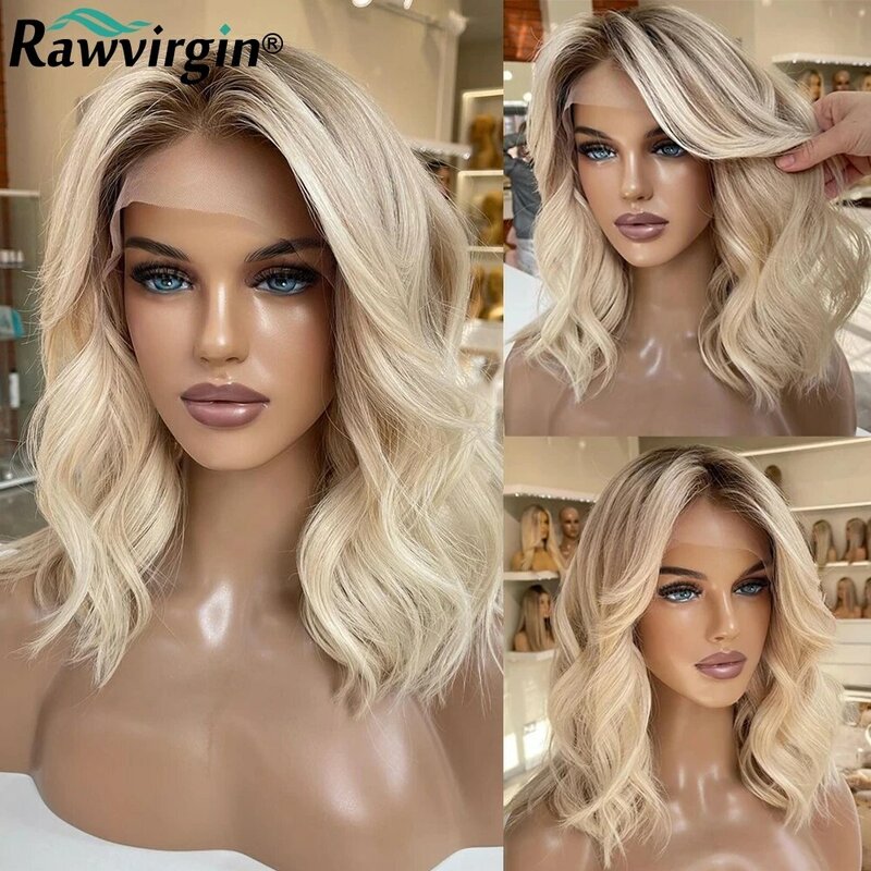 Ash Blonde Ombre Wigs For Women Human Hair Body Wave Transparent HD Lace Frontal Wig Brazilian Remy Hair Short Bob Wig Pre Pluck