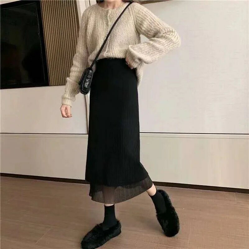 Skirts Women Ins Chic Female Knitted Pleated Skirt Solid Simple Autumn A-line Wear Both Sides All-match Elegant Spliced Fashion