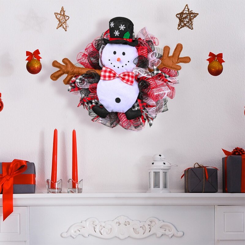 Креативная Рождественская черная шляпа, венок со снеговиком и лентой, украшения для улицы и помещения, подвески для двери ручной работы, реквизит для фотографий