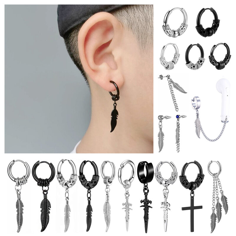 Boucles d'oreilles créoles en cuir chevelu pour hommes et femmes, accessoires de bijoux, noir, inoxydable, plume, punk, design vintage