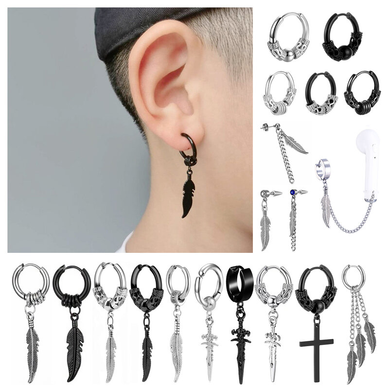 Anting-Anting Bulat Daun Desain Antik Punk untuk Wanita Pria Aksesori Perhiasan Anting-Anting Bulu Tahan Karat Hitam Brincos