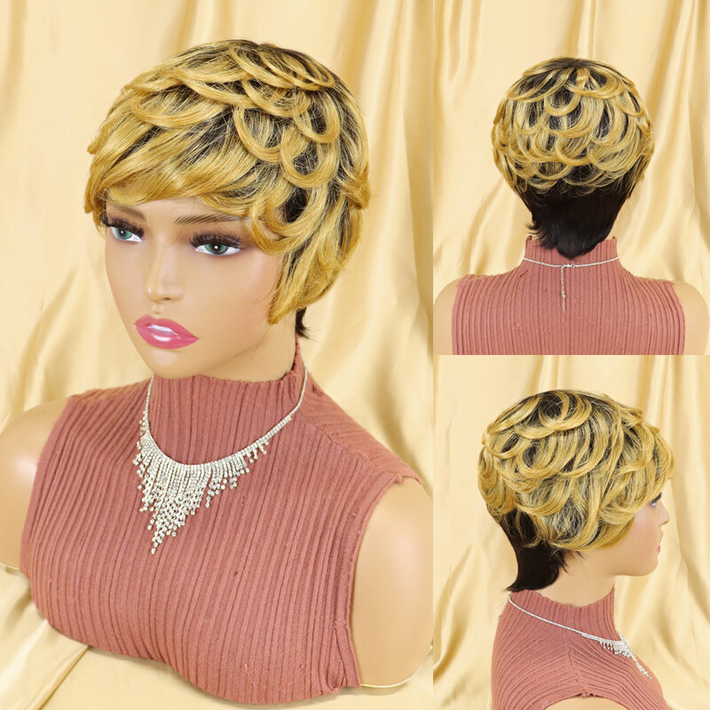 Fryzura Pixie peruka ludzki włos peruka krótka tanie ludzkie włosy peruki dla kobiet pełna Manchine wykonana peruka z grzywką Perruque Cheveux Humain