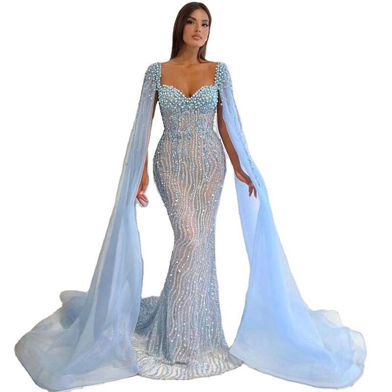 SERENE HILL-robe de soirée de forme sirène, tenue de soirée luxueuse et élégante, bleu, manches cape, perles, LA71715, 2024