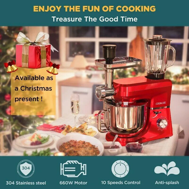 COOKLEE 6-IN-1 Stand Mixer, 8.5 Qt. Multifunctional Electric Kitchen Mixer with 9 Accessories for Most Home Cooks, SM-1507BM