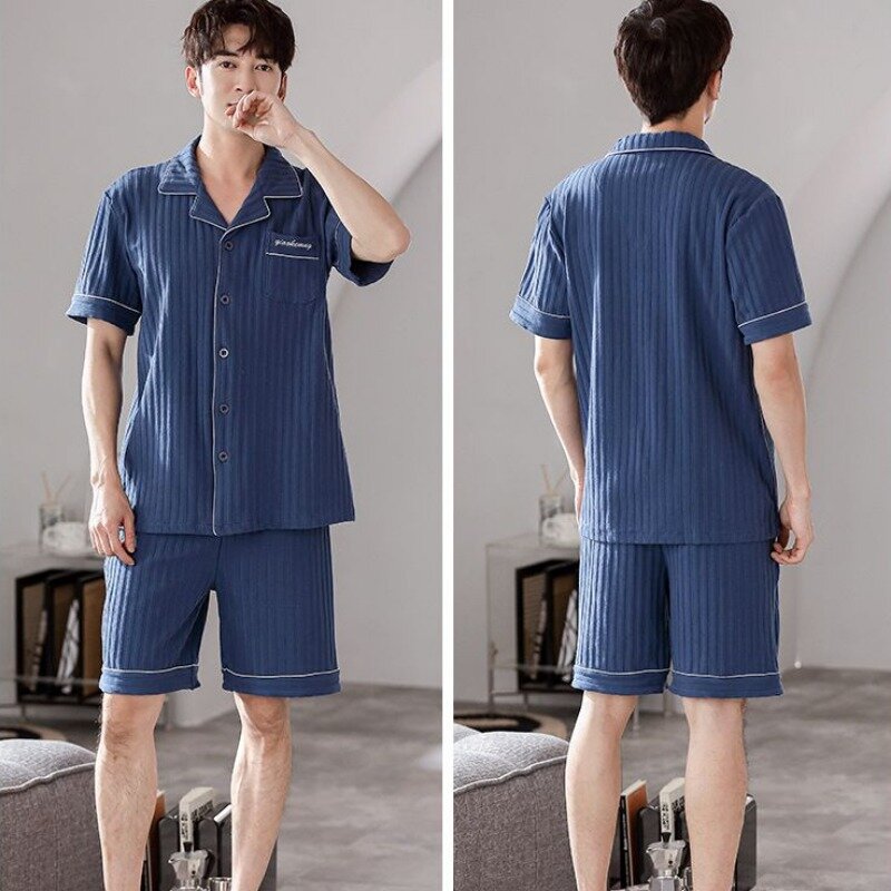 Conjunto de pijama de algodão de manga curta masculino, shorts soltos finos, loungewear de alta qualidade, tamanho grande, tendência mais recente, casual, verão