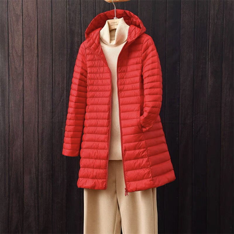 Jaket panjang musim gugur wanita, baru 2024 berkerudung tahan air pakaian jalanan mantel bulu portabilitas musim dingin hangat jaket bulu angsa