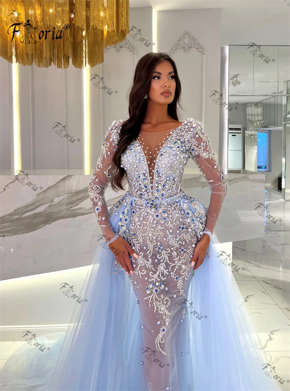 Appliques di pizzo di lusso 3D abito da sposa a sirena con treno staccabile manica lunga abiti da sera arabi perline pietre abito formale