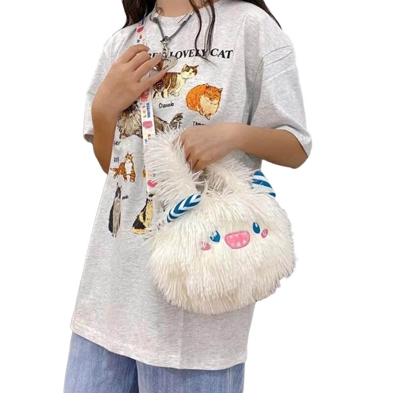 E74B Cartoon Pattern Plush Underarm Bag Women Street Bag Trendy Purse Stylish Shoulder Bag Mini Bag for Everyday Activities