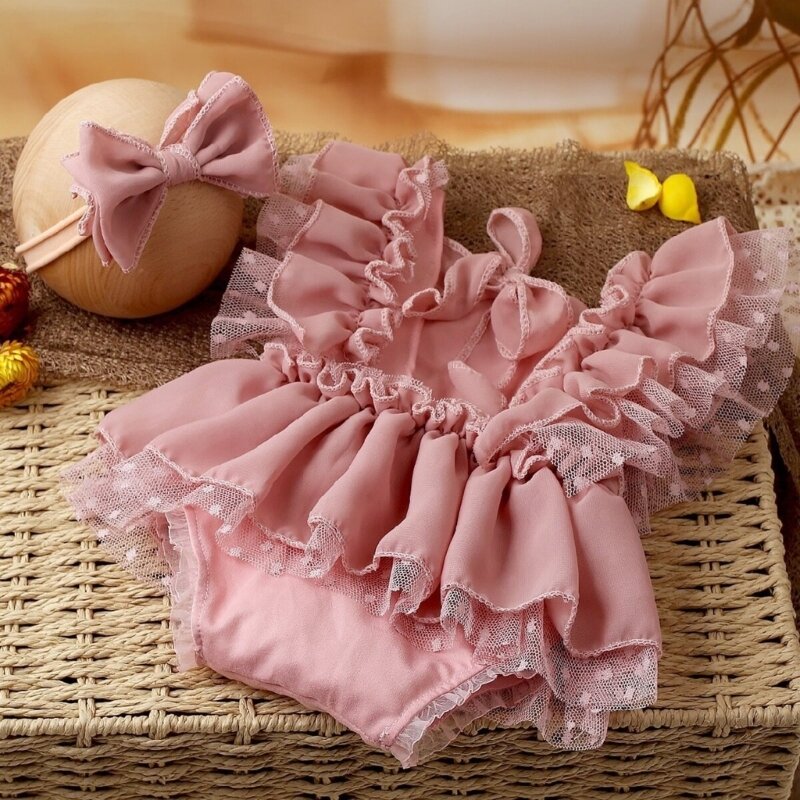 HUYU Newborn Photography Lace Romper Bowknot Headband Photo Props Baby Photo Outfit