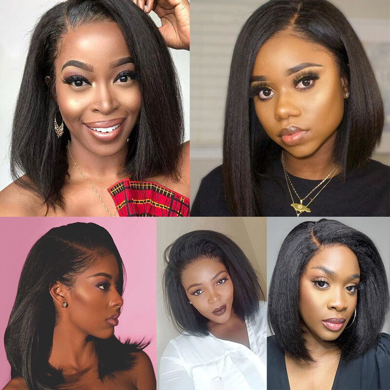 Glueless Kinky Straight Short Bob Wigs Wear To Go 100% Natural Human Hair Wigs 13x4 HD Transparent Lace Frontal Wig For Women