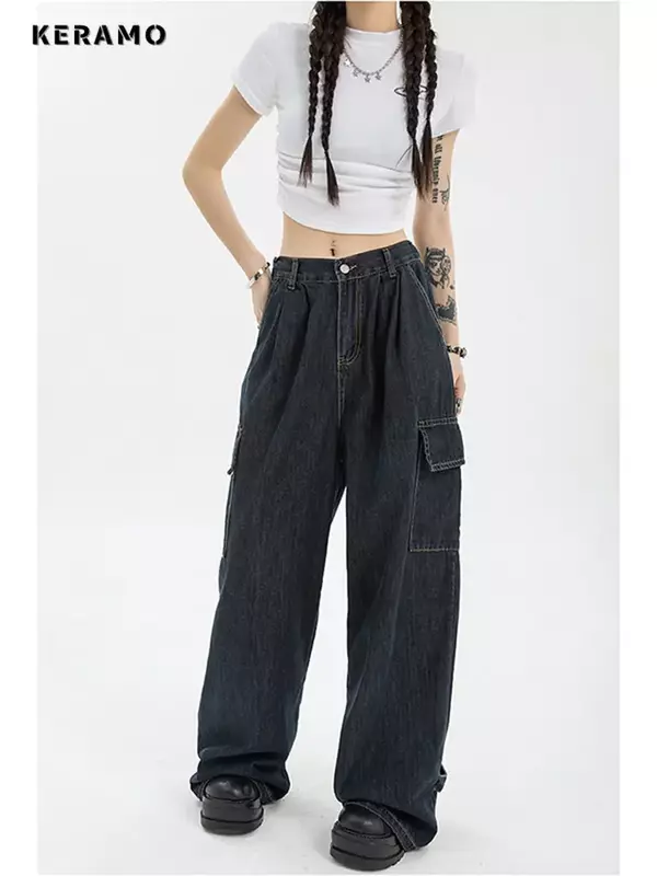 Harajuku feminina calça jeans azul larga larga, moda de moda hip-hop, grande, casual, calça demin vintage, calça larga, outono, Y2K