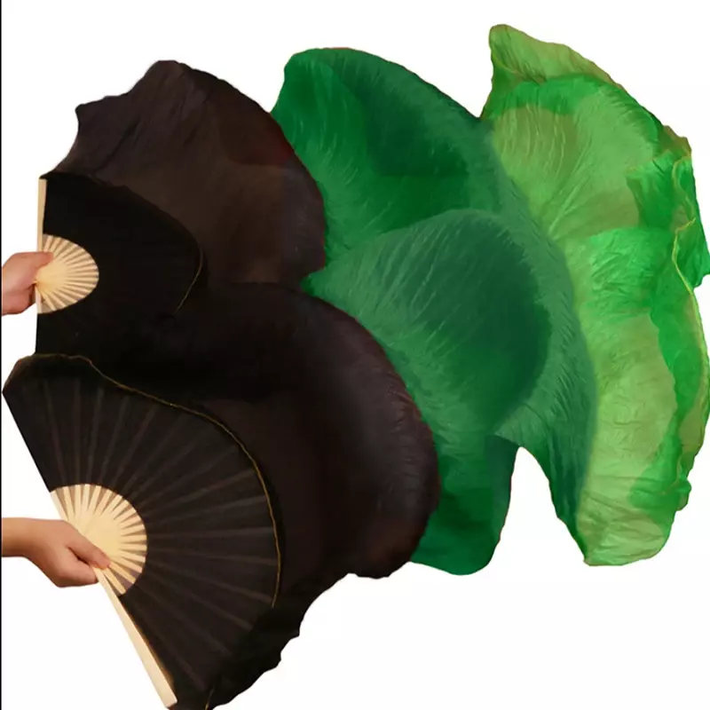High Quality Silk Belly Dance Fans Dance 100% Real Silk Fans 1pc Left hand+1pc right hand Long Fans on Sale Gradient color