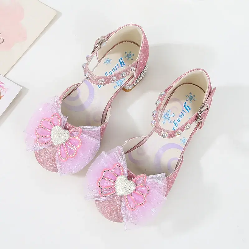 Sandalias de tacón alto con lazo de encaje para niña, zapatos de lentejuelas a la moda, sandalias informales de princesa para fiesta de boda, Verano