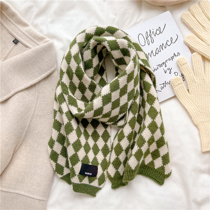Skinny Neckerchief for Women Knitted Winter Warm Korean Style Diamond Scarves Woolen Yarn  Shawl Wraps Bufanda Foulard 2022