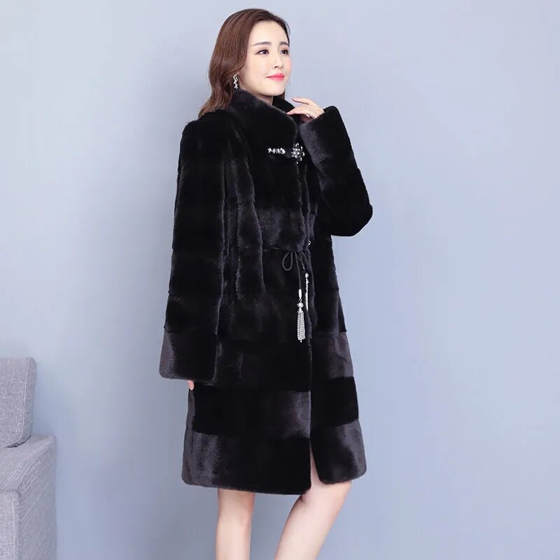 Зимнее Новое темпераментное пальто Haining, женское цельное Свободное пальто средней длины с воротником-стойкой