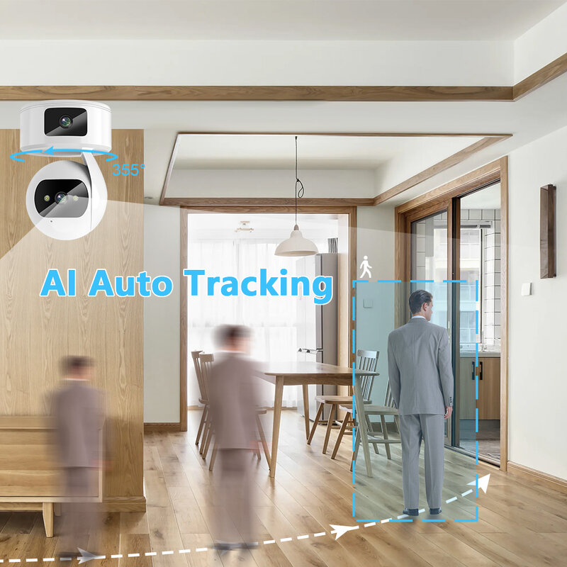 EVKVO-PTZ AI Auto Tracking Indoor Surveillance Câmera IP, Lente Dupla, WiFi, AI, Tela Dupla, Segurança, ICSEE PRO, Alexa, 4MP, 6MP