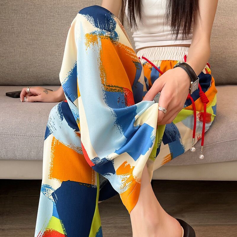 Celana panjang kaki lebar wanita, bawahan cetakan sifon kasual longgar lurus tipis C184 Musim Panas 2024