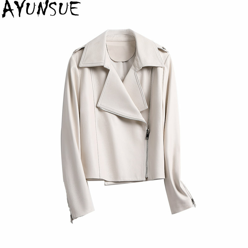 AYUNSUE Genuine Sheepskin Leather Jacket 2023 Spring Autumn Slim Leather Jackets Woman Clothes Slim Leather Coat White Outwears