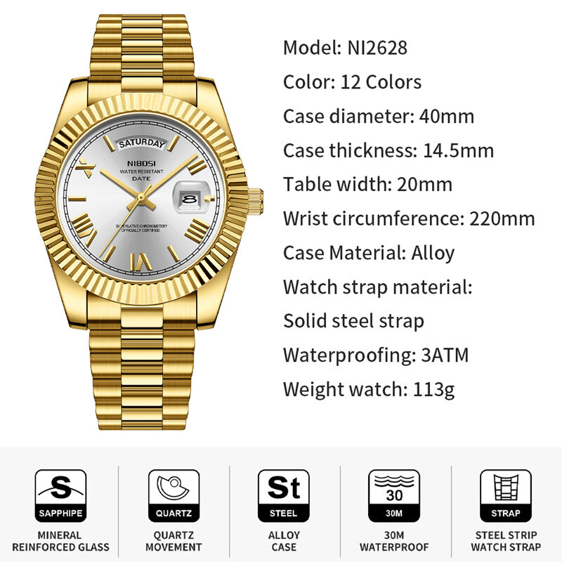 NIBOSI-Relógio Quartz de Luxo Masculino, Marca Moda, Vermelho, Aço Inoxidável, Impermeável, Luminoso, Data Week, Men Relógios