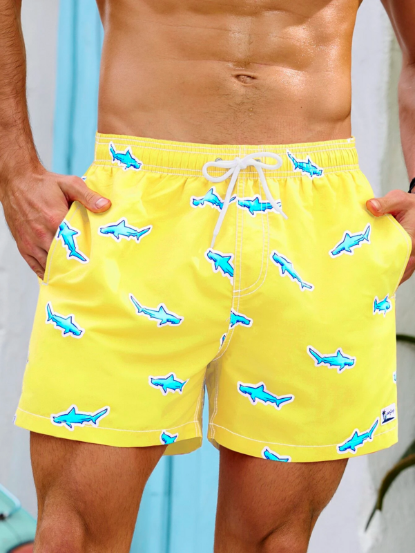 Celana pendek pantai tali serut cetak hiu pria, celana renang pendek motif 3D antilembap musim panas
