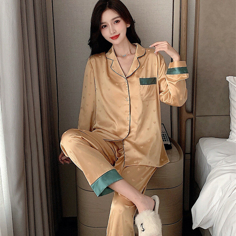 Pijamas de seda de hielo para mujer, ropa de casa de manga larga, Jacquard, traje de primavera y otoño, M-3XL fina, novedad de 2024