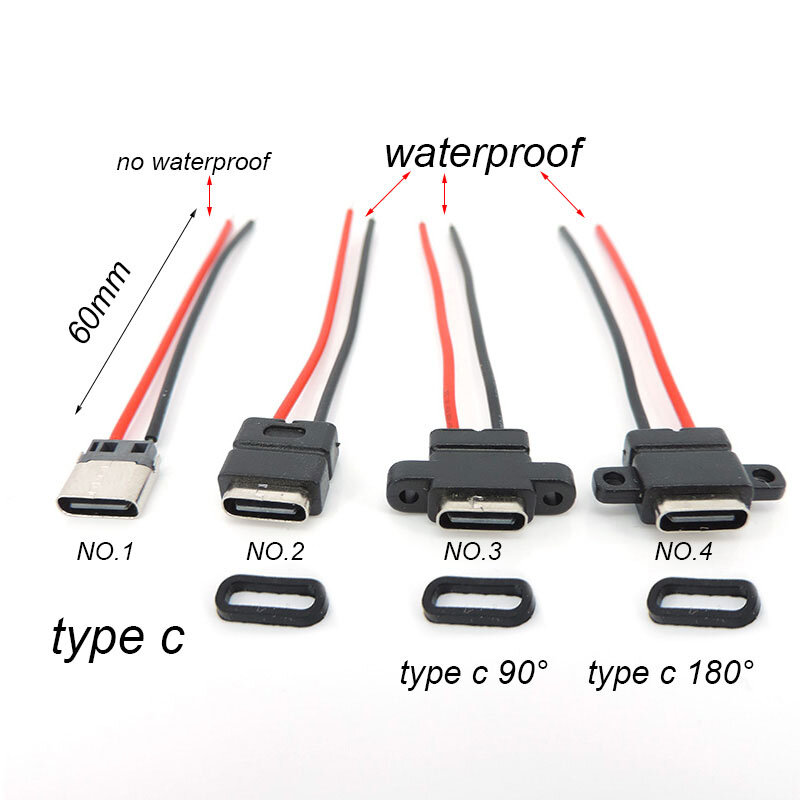 1pcs waterproof USB Type-C 3.1 2 Pin plug USB C Female Socket Welding Charging cable Wire Connector 180° 90° For DIY repair q