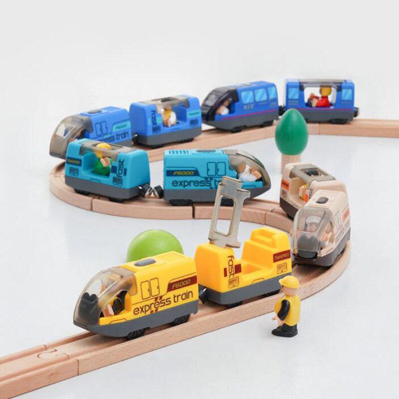 Juego de tren eléctrico de madera para niños y niñas, juguete Compatible con pista de tren de madera, juguetes de pista de carreras, regalo para niños, nuevo